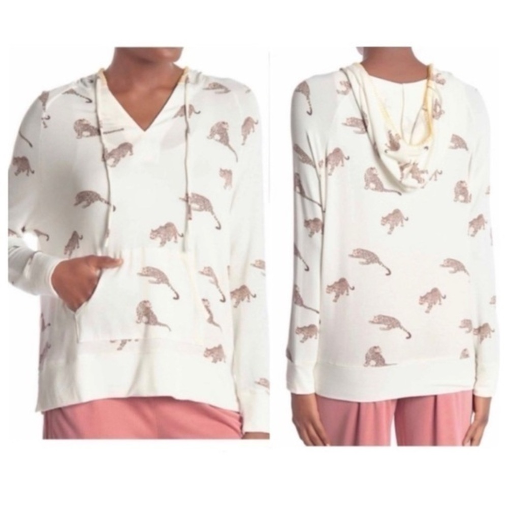 Honeydew Intimates Loungewear Hoodie Top Ivory Leopard Print NWT